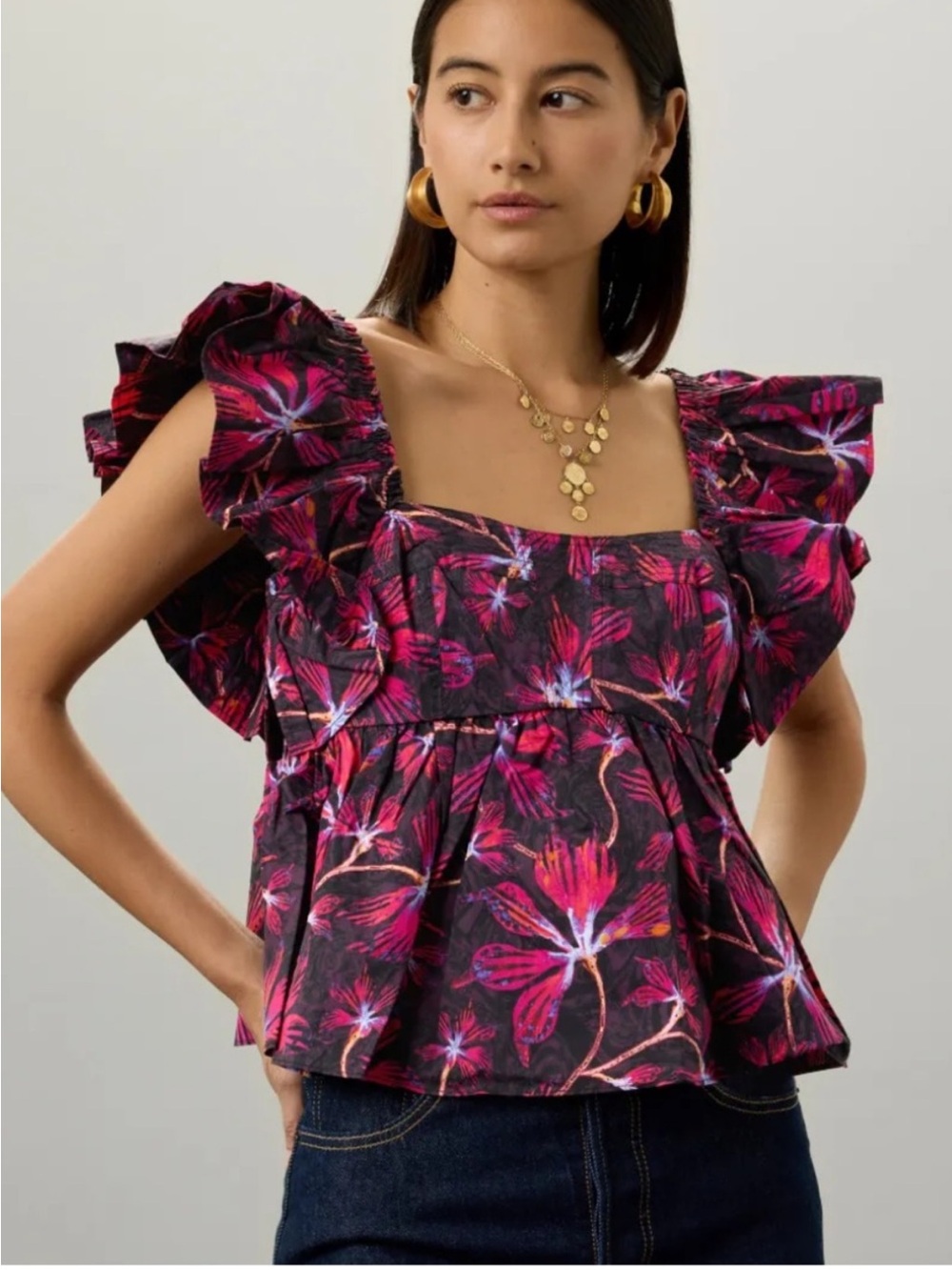 Ulla Johnson Romi Top Zinnia Print Black Floral Flutter Sleeve Poplin Sz 00 EUC